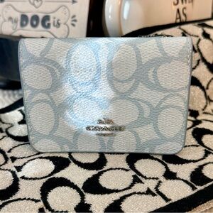 Coach Light Blue and White Signature Zip Wallet